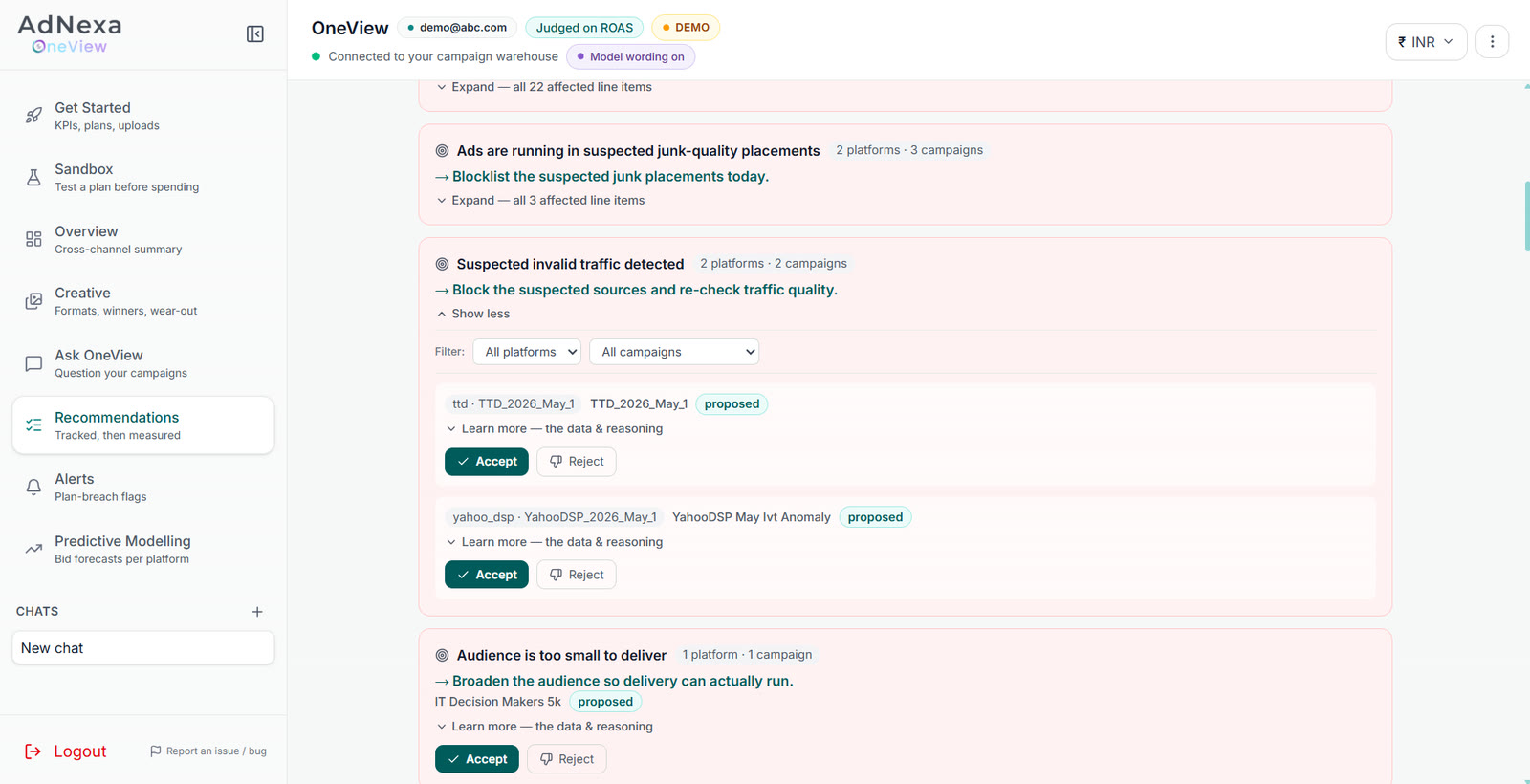 OneView screen: Recommendations: tracked, then measured, with a person accepting each one